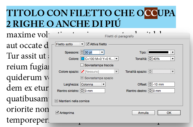 filetto di paragrafo con indesign