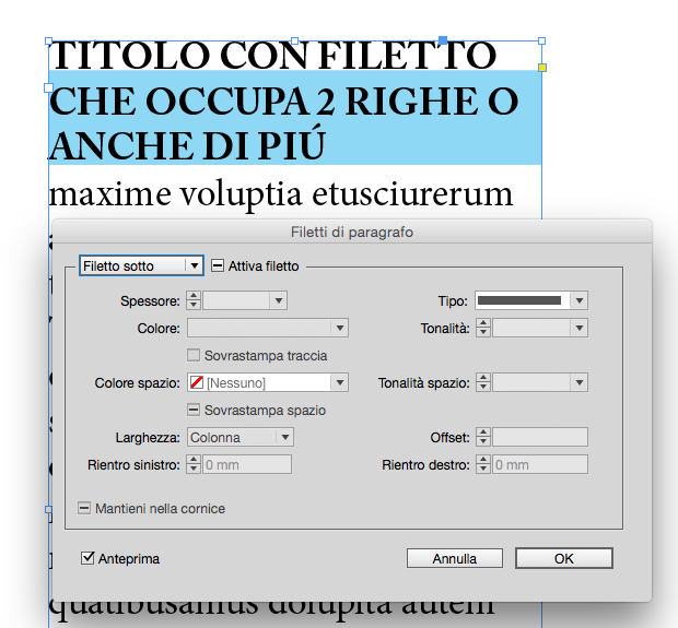 filetto di paragrafo con indesign
